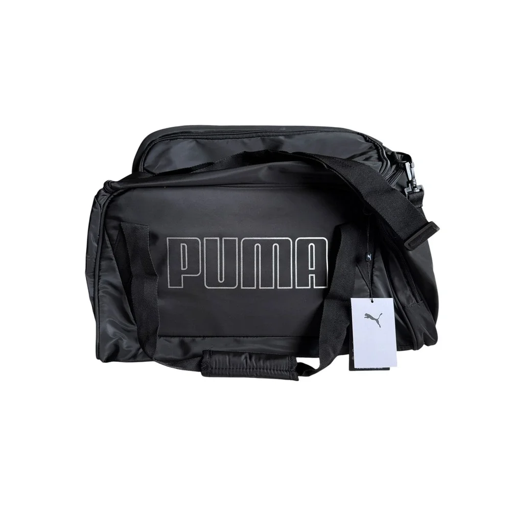 PUMA Duffel Bag Black Silver Logo Adjustable Strap Unisex OS NWT Gym Workout New